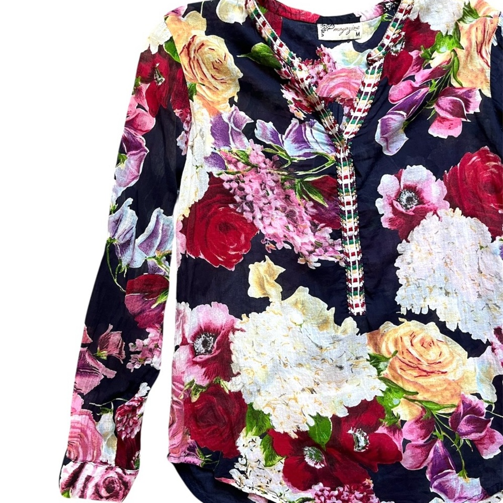 Magazine Navy Multicolored Floral Long Sleeve Semi Sheer Trim Top Blouse Size M - Picture 5 of 5